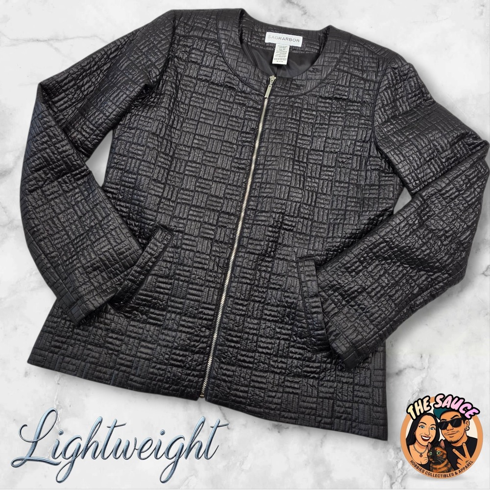 Sag Harbor Quilted Front Zip Lightweight Jacket Black Women 10 Sleek Modern Chic